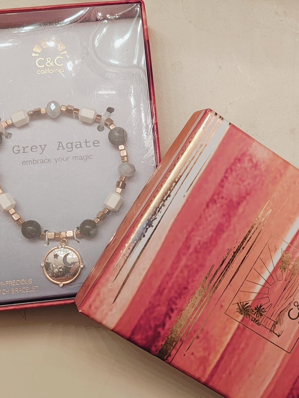 C&C California Grey Agate Beaded Bracelet with Moon Charm